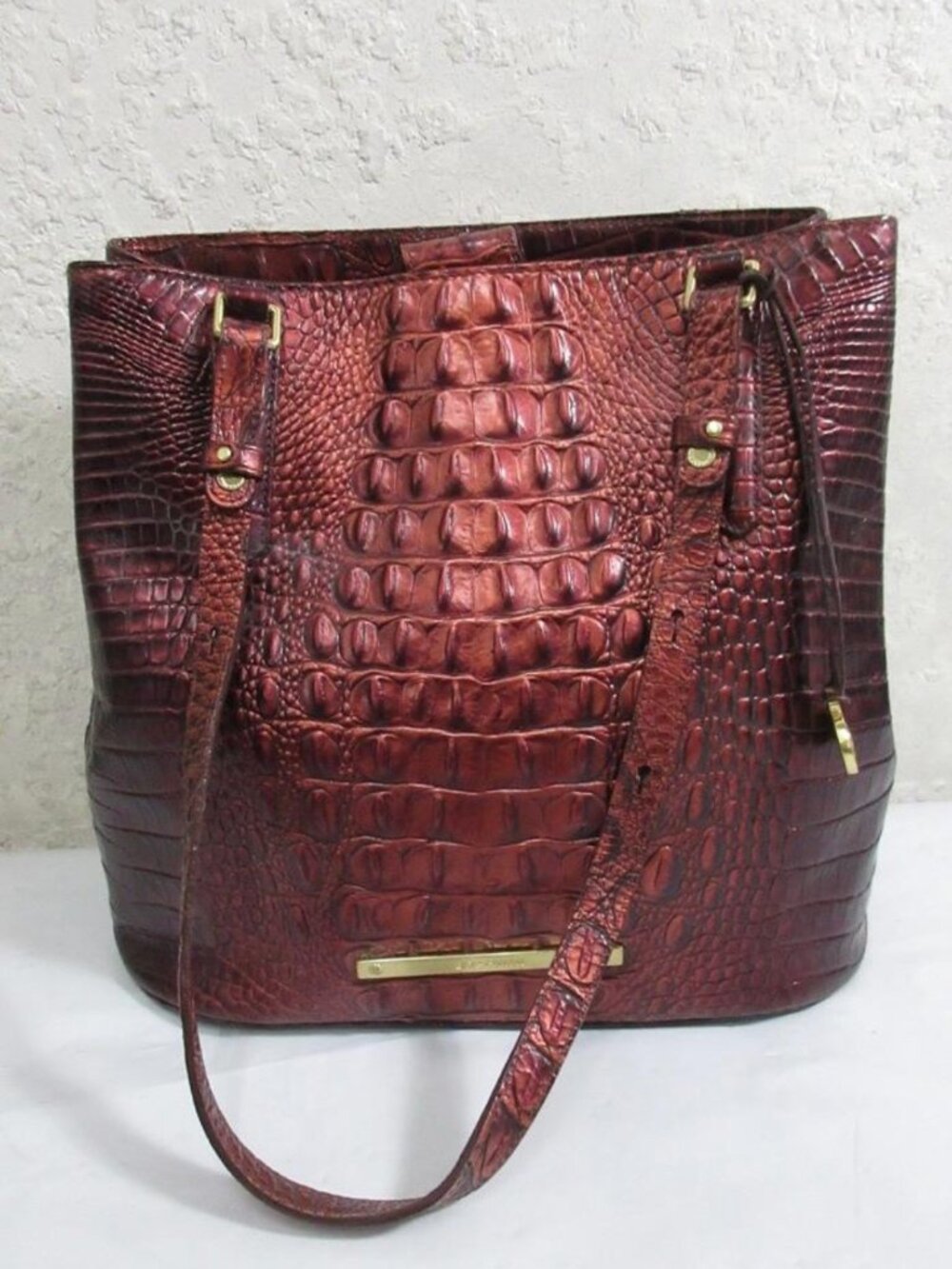 Brahmin Metallic Burgundy Croc-Embossed Leather Medium Asher Tote Bag